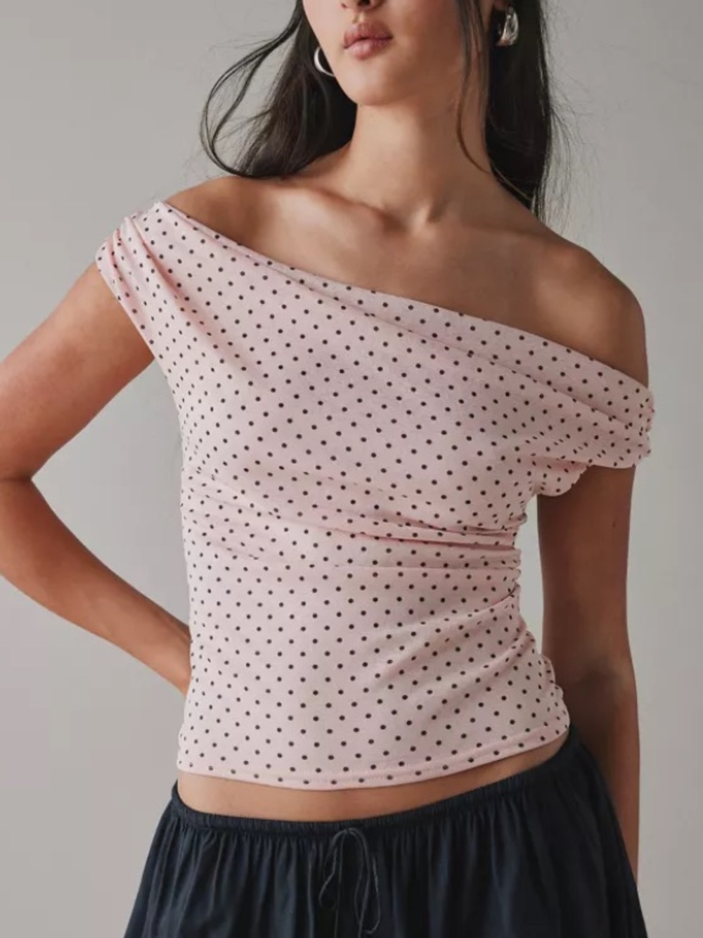 Urban Outfitters Pink Polka Dot One-Shoulder Crop Top